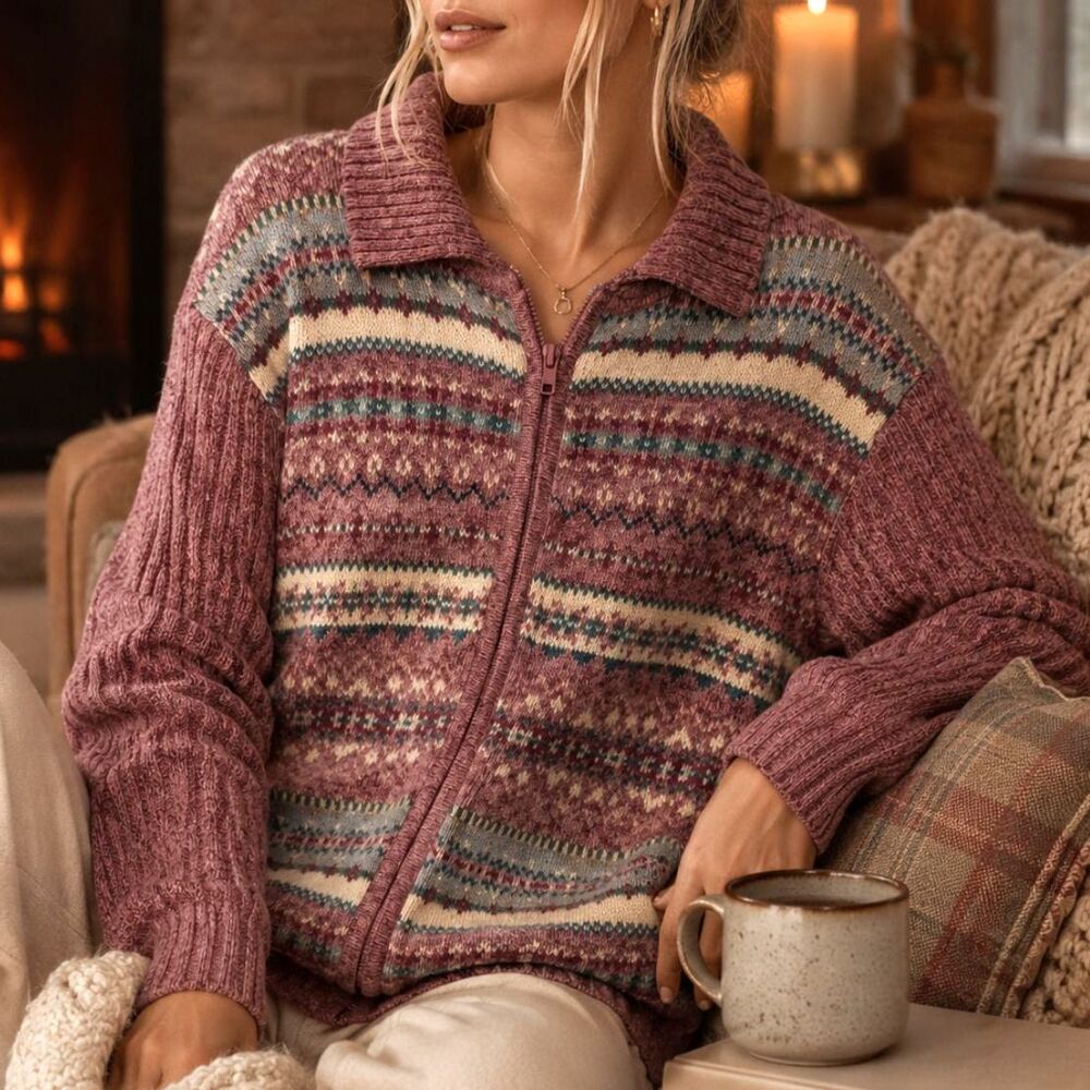 Tiara International Pink Fair Isle Zip Cardigan Sweater Cottagecore Nordic M